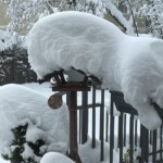 Viel Schnee liegt auf einem Vogelhäuschen